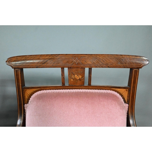 876 - Two companion Edwardian Sheraton Revival style satinwood inlaid rosewood salon armchairs, with confo... 