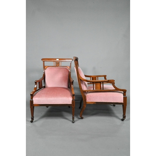 876 - Two companion Edwardian Sheraton Revival style satinwood inlaid rosewood salon armchairs, with confo... 