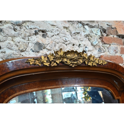 885 - A Biedermeier gilt metal mounted burr yew over-mantel mirror, the arched plate with bevelled edges f... 