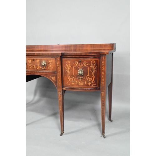 886 - A George III boxwood inlaid mahogany Sheraton design sideboard, of bow-breakfront form with a raised... 