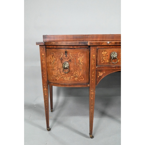 886 - A George III boxwood inlaid mahogany Sheraton design sideboard, of bow-breakfront form with a raised... 