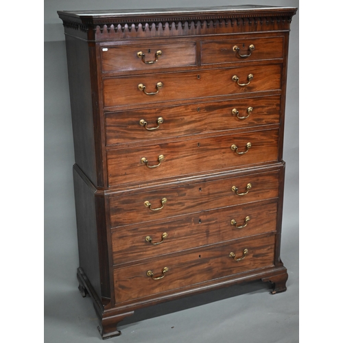 888 - A George III mahogany chest on chest, the dentil moulded cornice over a deep moulded frieze, two sho... 