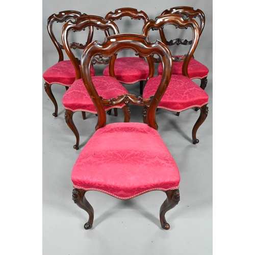 893 - A set of twelve Victorian mahogany style dining side chairs, with overstuffed crimson silk seats, ra... 