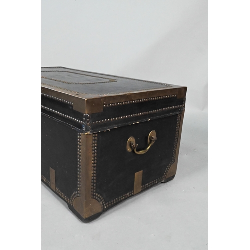 895 - A 19th century brass studded black leather clad camphor-lined trunk, with brass handles to the sides... 