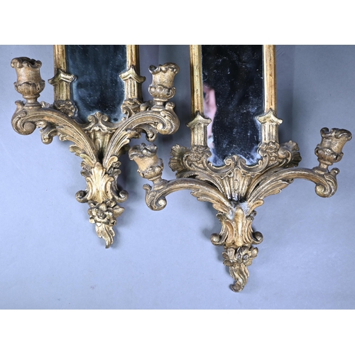 911 - A pair of antique giltwood and gesso girandole mirrors, surmounted by ho-ho birds in the Chinese Chi... 