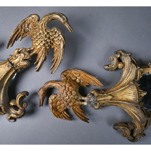 911 - A pair of antique giltwood and gesso girandole mirrors, surmounted by ho-ho birds in the Chinese Chi... 