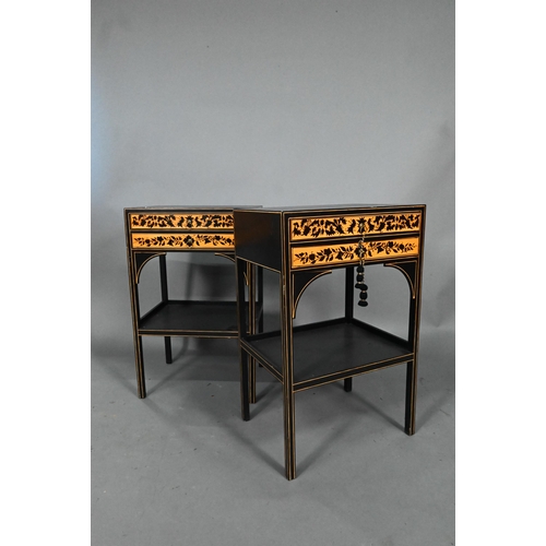 919 - Four contemporary ebonised and gilt stencilled two drawer stands with undertiers, raised on square l... 