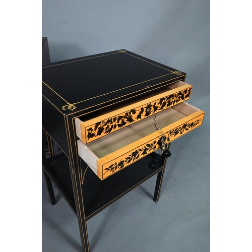 919 - Four contemporary ebonised and gilt stencilled two drawer stands with undertiers, raised on square l... 