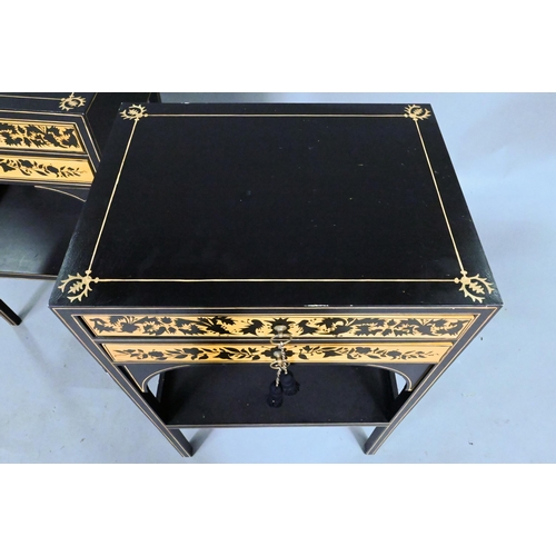 919 - Four contemporary ebonised and gilt stencilled two drawer stands with undertiers, raised on square l... 