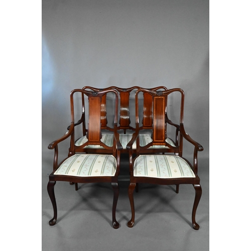 928 - A good Edwardian Sheraton Revival boxwood inlaid red walnut seven piece salon suite, comprising a tw... 