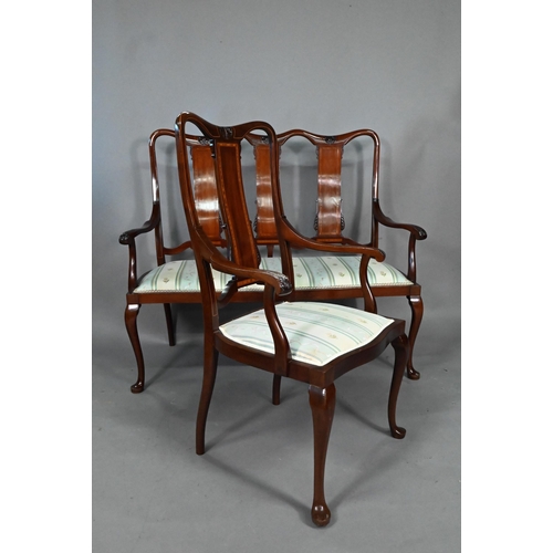 928 - A good Edwardian Sheraton Revival boxwood inlaid red walnut seven piece salon suite, comprising a tw... 