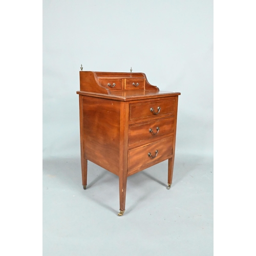 929 - An inlaid mahogany chest with two drawer stage-back over three long drawers, raised on square taperi... 