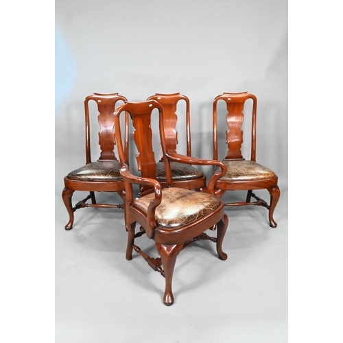 931 - A set of ten Queen Anne style dining chairs, with antiqued brown leather seat pads, raised on cabrio... 