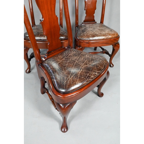 931 - A set of ten Queen Anne style dining chairs, with antiqued brown leather seat pads, raised on cabrio... 