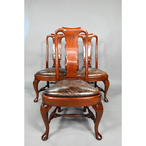 931 - A set of ten Queen Anne style dining chairs, with antiqued brown leather seat pads, raised on cabrio... 