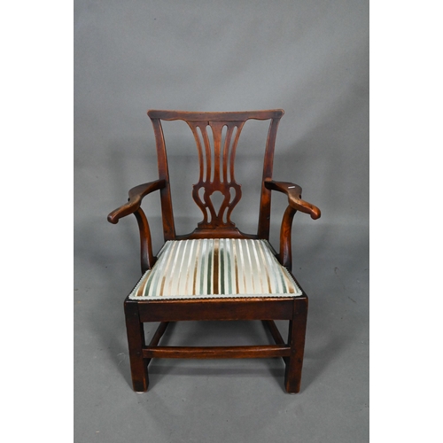 932 - A Georgian oak open armchair with fabric seat - by repute ex Chawton House, Hampshire, reduced in he... 