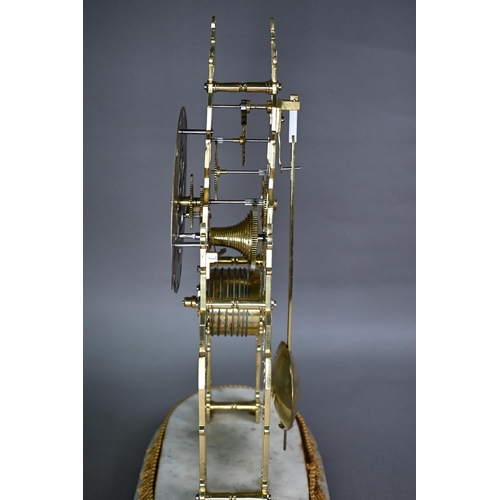 936 - A Victorian brass framed single fusee skeleton clock, the pierced and engraved silvered dial with ro... 