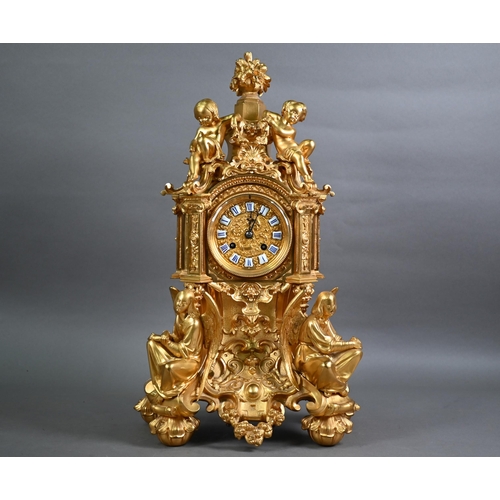 938 - Japy Freres, an ornate French ormolu Gothic Revival 8-day twin drum mantel clock striking on a bell,... 