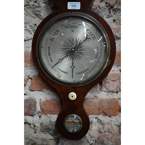 946 - E & M Levin, London, a Victorian mahogany barometer with silvered dial, level, thermometer scale... 