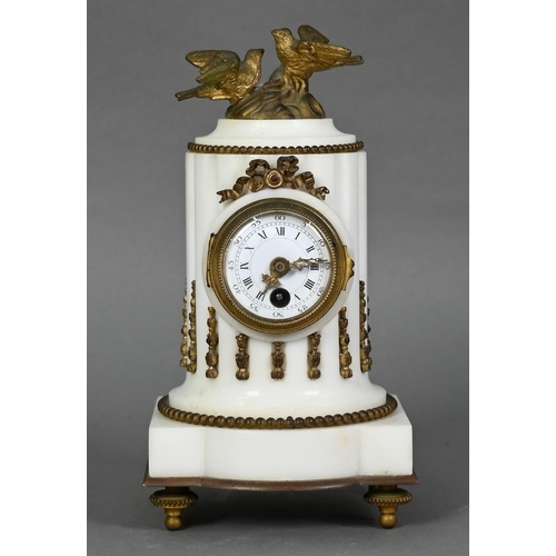 951 - A late 19th century French gilt metal mounted white alabaster mantel clock, the 8-day single drum mo... 