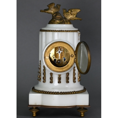 951 - A late 19th century French gilt metal mounted white alabaster mantel clock, the 8-day single drum mo... 