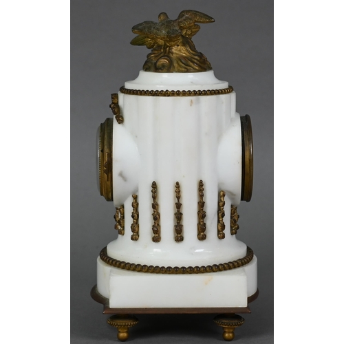 951 - A late 19th century French gilt metal mounted white alabaster mantel clock, the 8-day single drum mo... 