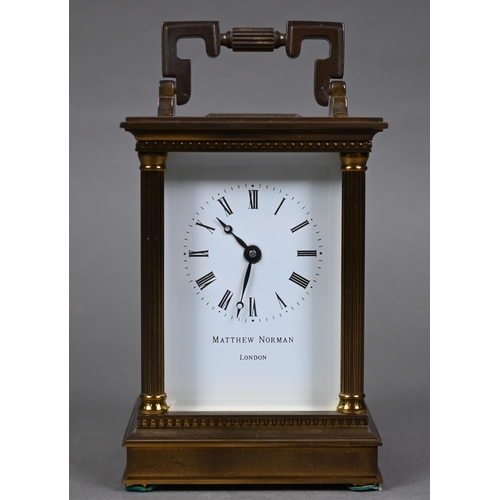 952 - Matthew Norman, London, a Swiss made lacquered brass carriage clock, the single drum movement with w... 