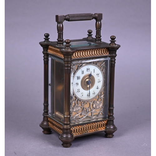 956 - R & Co., Paris, a gothic revival styled brass carriage clock, with single drum 8-day movement, 1... 