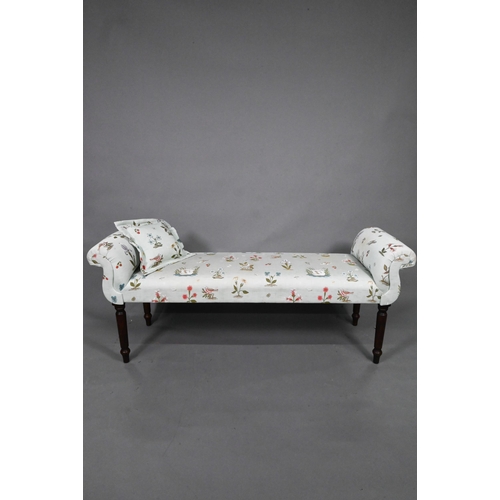 964 - An upholstered Victorian style twin scroll end window seat on turned legs with floral and bird desig... 