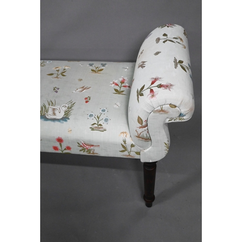 964 - An upholstered Victorian style twin scroll end window seat on turned legs with floral and bird desig... 