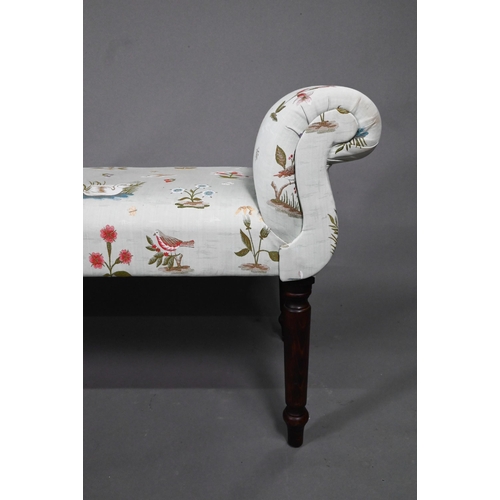 964 - An upholstered Victorian style twin scroll end window seat on turned legs with floral and bird desig... 