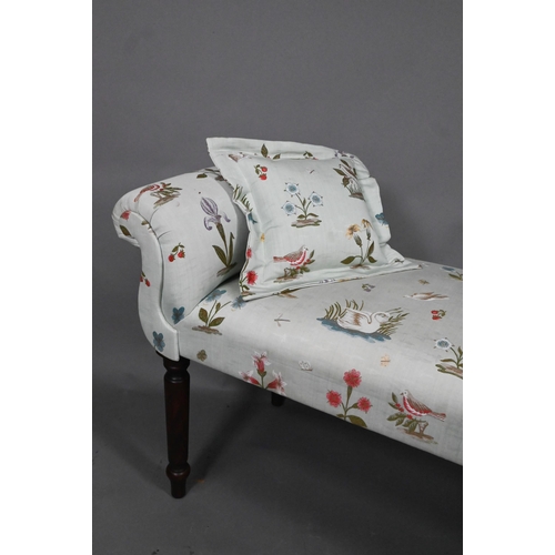 964 - An upholstered Victorian style twin scroll end window seat on turned legs with floral and bird desig... 