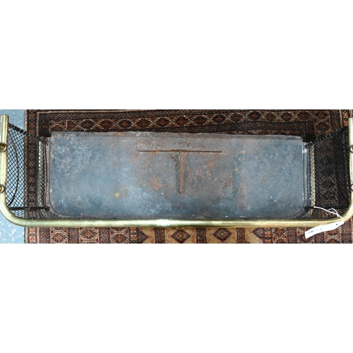 967 - An antique brass framed and diamond wire mesh fire fender, with steel base trough, overall 96 cm w x... 