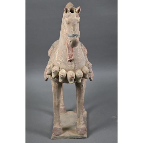 516 - A 20th century Chinese Tang style terracotta horse standing four-square on thin rectangular base, pa... 