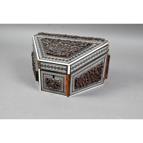 522 - A 19th century Anglo-Indian Vizagapatam sandalwood and bone stationary box with geometric mosaic sad... 