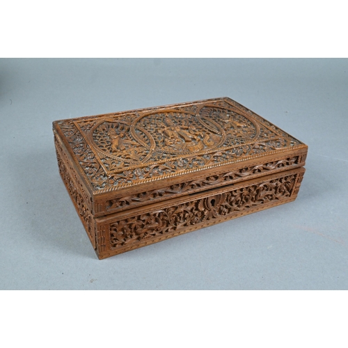 522 - A 19th century Anglo-Indian Vizagapatam sandalwood and bone stationary box with geometric mosaic sad... 