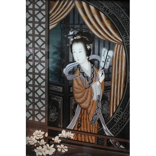 523 - A Republic period Chinese reverse painting on glass depicting interior scene with robed elegant lady... 