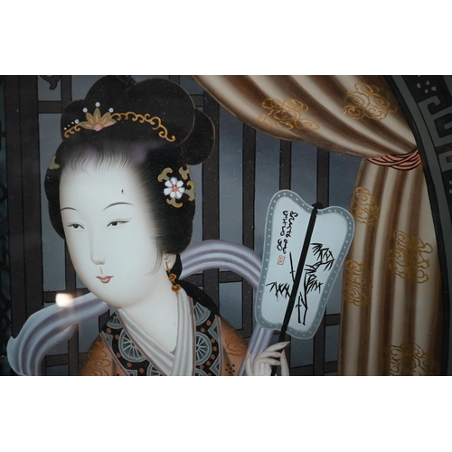 523 - A Republic period Chinese reverse painting on glass depicting interior scene with robed elegant lady... 