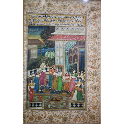 524 - A Moghul style painting, ink, colour and gilding on paper, with Maharajah and courtiers in palatial ... 