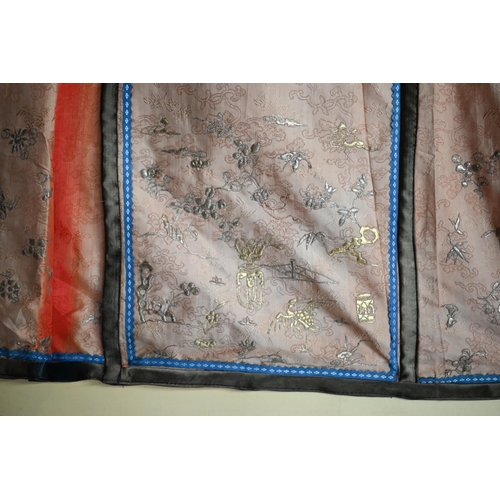 528 - A 19th century Chinese bridal apron-skirt, pleated brocade red silk with metallic thread embellishme... 