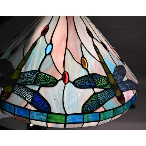 1294 - Tiffany style leaded stained glass ceiling lightshade decorated with dragonflies, c/w chain and ceil... 