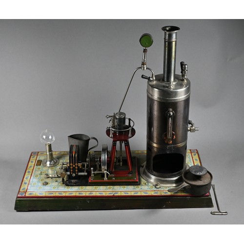 1265 - Bing (Germany) tin plate static steam engine with generator, 32 cm high x 38 cm wide x 18 cm deep