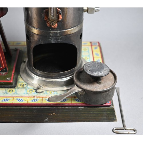 1265 - Bing (Germany) tin plate static steam engine with generator, 32 cm high x 38 cm wide x 18 cm deep