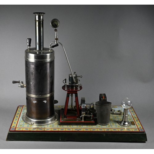 1265 - Bing (Germany) tin plate static steam engine with generator, 32 cm high x 38 cm wide x 18 cm deep