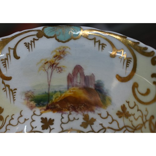 601 - Victorian Davenport china fruit stand painted with a lake landscape within pink and gilt border, 26 ... 