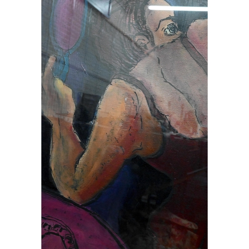 302 - WITHDRAWN 'Tequila Sunrise', mixed media abstract by Ali Lugrich and a figurative abstract indistinc... 