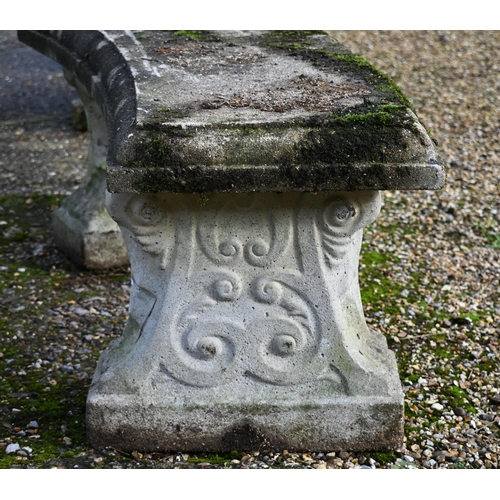 6 - A weathered three piece cast stone garden bench, 110 cm w x 40 cm x 45 cm h