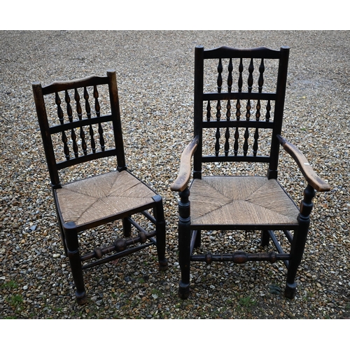 40 - Set of ten 19th century elm Lancashire spindle back dining chairs with woven rush seats, eight stand... 