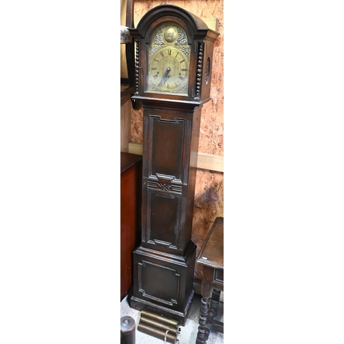 581 - A 1920s eight-day three train oak longcase clock in the 18th century manner, with brass dial a/f (pe... 