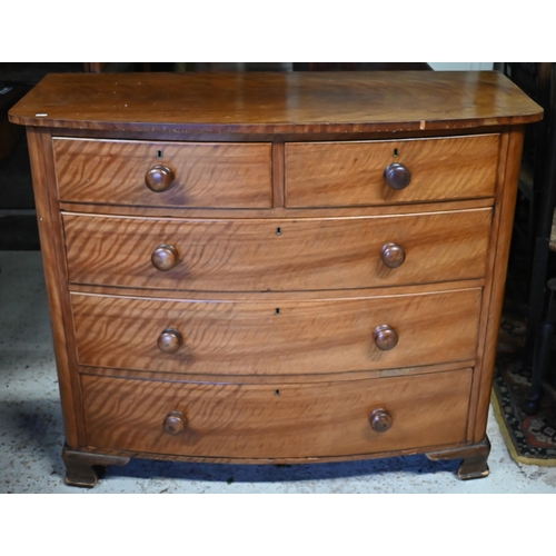 592 - A Victorian satin-birch bow front chest of two short over three long drawers with turned handles, ra... 